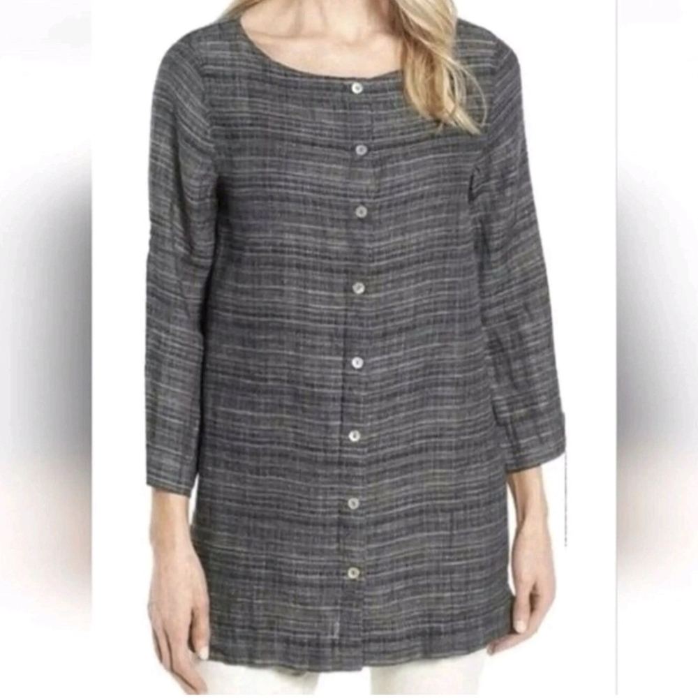 Eileen Fisher Coastline Organic Linen Button-Up Grey Tunic Top Women Size Medium